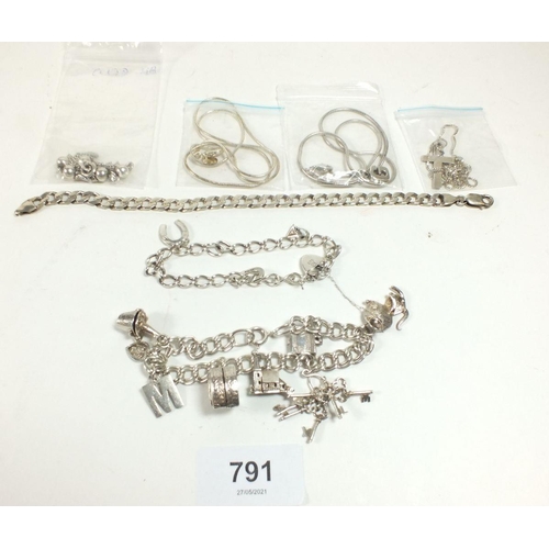 791 - Four silver necklaces, two silver bracelets and one other bracelet