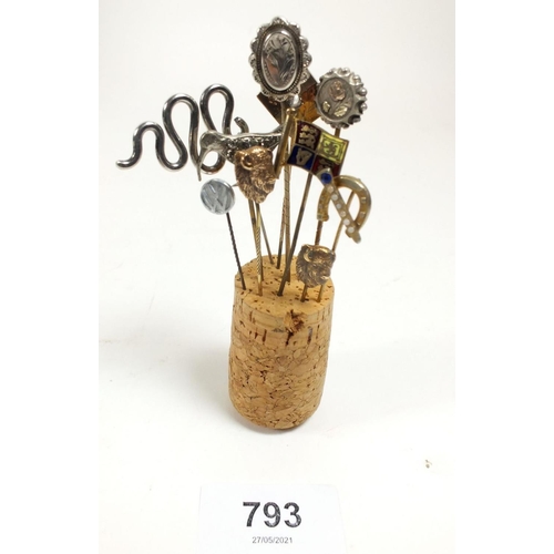 793 - A collection of various stick pins including yellow and white metal