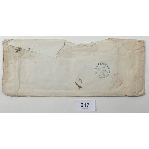 217 - GB: QV 2d Blue Plate 3 Strip of 3 (3/4 margin) on Manchester to Cheltenham cover of 1846 with MD Con... 