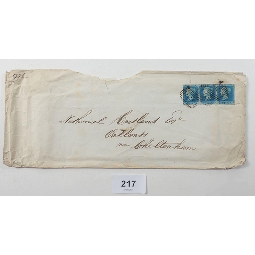 217 - GB: QV 2d Blue Plate 3 Strip of 3 (3/4 margin) on Manchester to Cheltenham cover of 1846 with MD Con... 