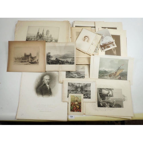 328 - A box of 19thC etchings and prints and some family photographs