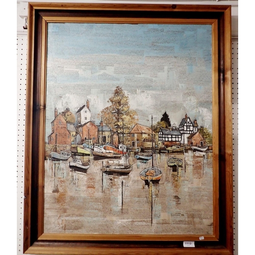 1113 - F Dempsey - oil on canvas harbour scene, 75 x 59cm