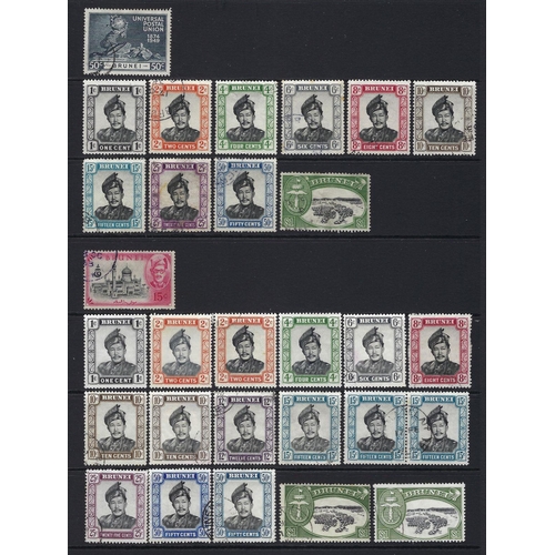 112 - Brunei: Mint & used accumulation on 4 stock-pages of defin/commem stamps from 1895 to 1970s. Incl 5c... 