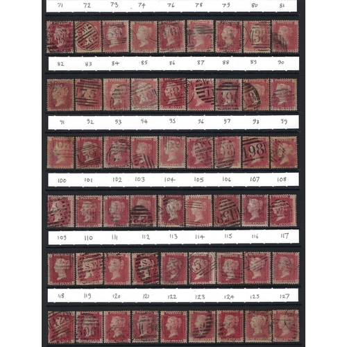 113 - GB: QV used 1d Penny Reds, LE, 1864-79 issues by plate nos complete from 71 up to the 220s. Various ... 