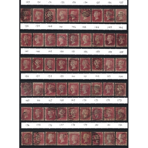 113 - GB: QV used 1d Penny Reds, LE, 1864-79 issues by plate nos complete from 71 up to the 220s. Various ... 