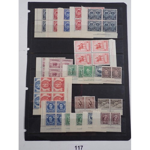 117 - Australia: Mounted & unmounted mint blocks & pairs with printer's detail from 1930s to late 40s. Pri... 