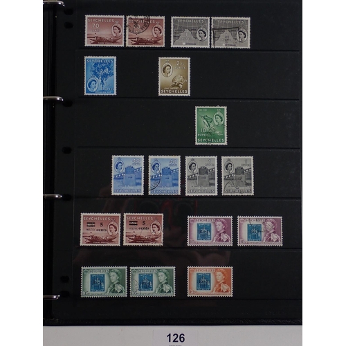 126 - Seychelles: 38 pages of mint/used QV to QEII defin, commem, postage due & fiscals in Hagner album. S... 