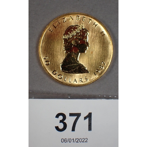 371 - Gold Canada 50 dollars 1987 maple leaf flanked by 0.9999 Mintage: 978,000 Elizabeth II - Condition: ... 