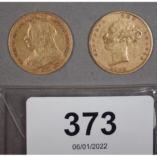 373 - Two Victoria gold half sovereigns including: Young Head 1865 and Veiled Bust 1896 - Condition: