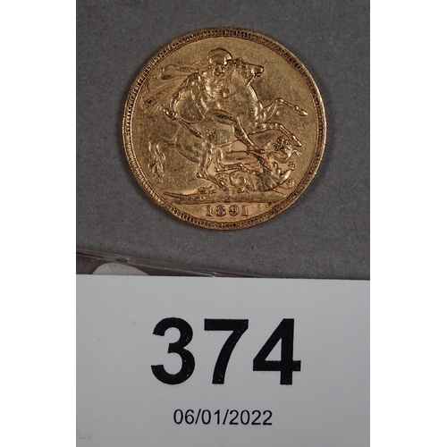 374 - Gold sovereign: Victoria Jubilee bust 1891, Melbourne Mint - Condition: