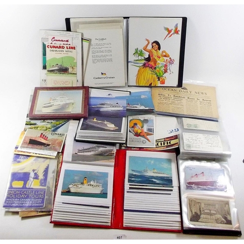 407 - Postcards - album of cards relating to cruise ships together with a quantity of ephemeral connected ... 