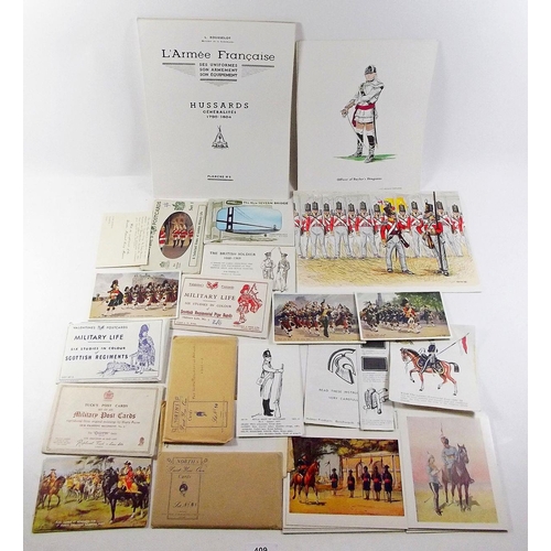 409 - A quantity of repro military postcards and pictures plus a group of uniform illustration cards