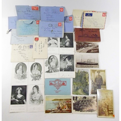 423 - Postcards - small selection of cards including military, booklet of Moroccan including topless ladie... 