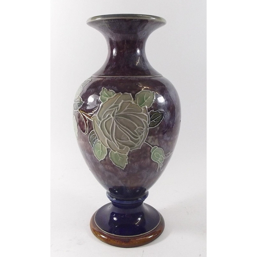 470 - A Doulton stoneware vase painted flowers - repaired, 35cm tall