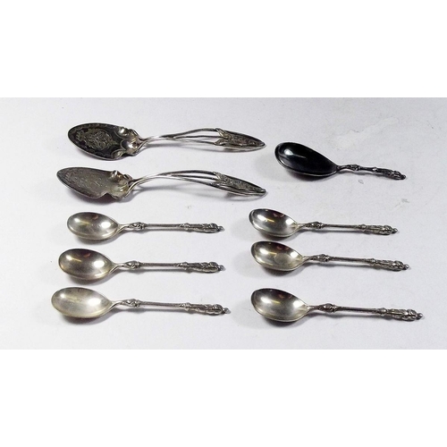 517 - Six silver plated apostle teaspoons with Victorian lozenge mark to reverse, a similar caddy spoon an... 