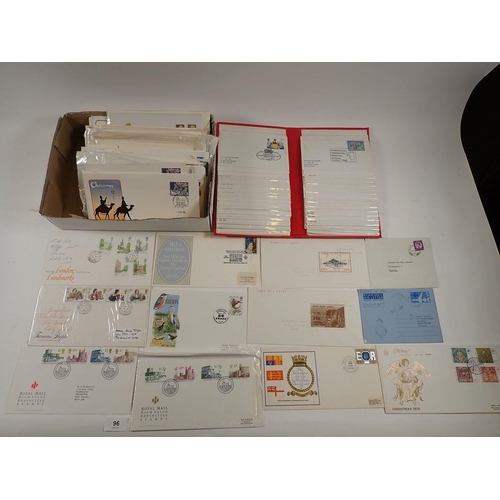 96 - GB: Box of 150+ QEII covers in Postmark Club book and loose - many of special interest; some Benham.... 