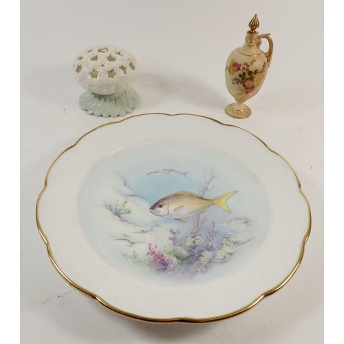 101 - A Royal Worcester plate, painted fish, a Royal Worcester ivory blush floral miniature ewer and a Gra... 