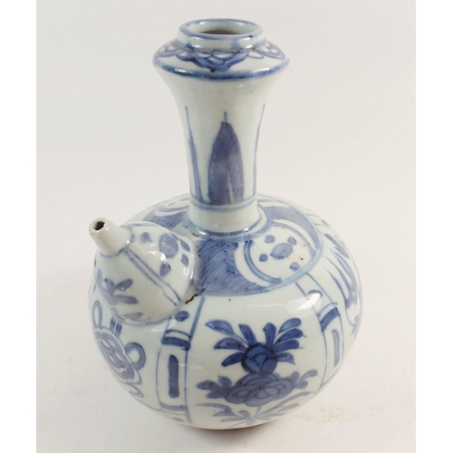 106 - A Chinese blue and white wine ewer of Persian form, painted panels of flowers and animals, 20cm