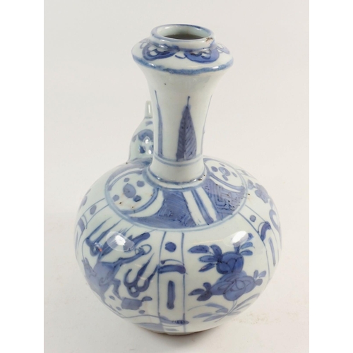 106 - A Chinese blue and white wine ewer of Persian form, painted panels of flowers and animals, 20cm