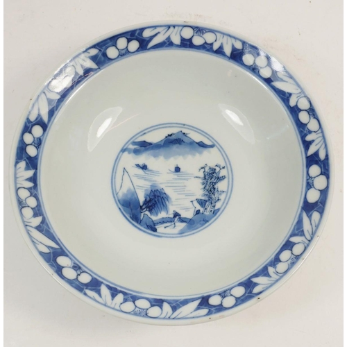 107 - A Chinese shallow blue and white footed bowl, painted figures in a garden, approx 18cm diameter