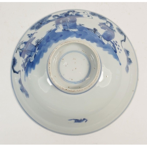 107 - A Chinese shallow blue and white footed bowl, painted figures in a garden, approx 18cm diameter