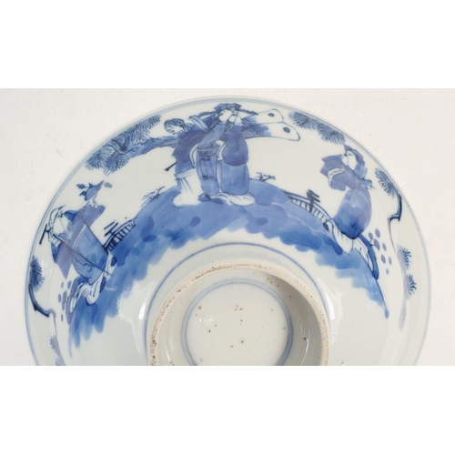 107 - A Chinese shallow blue and white footed bowl, painted figures in a garden, approx 18cm diameter