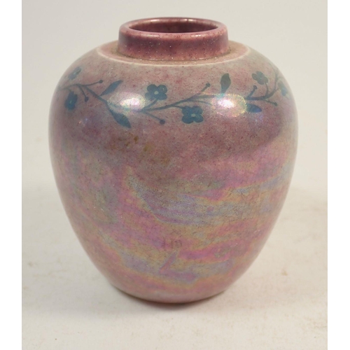 110 - A small mauve Ruskin vase with floral band to shoulder, 8cm