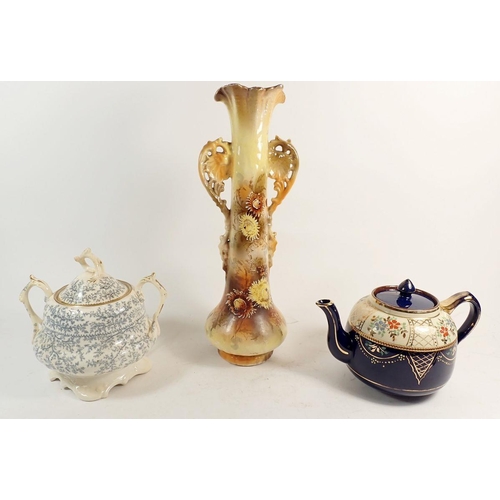 120 - A Victorian blue pottery teapot, a Victorian sugar bowl decorated seaweed and tall floral vase, 36cm... 