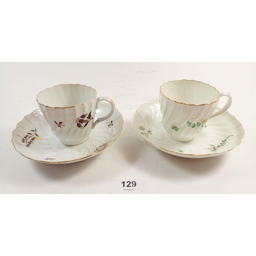 129 - Two Worcester 18th century cups and saucers with green and brown spray decoration and a white fluted... 