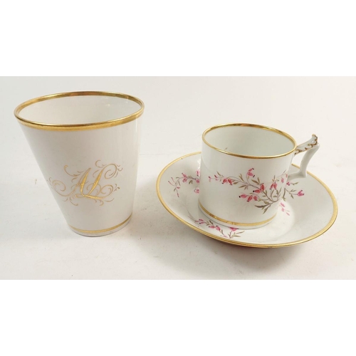 130 - A Worcester Flight Barr & Barr coffee can and saucer painted flowers and a gilt beaker with gilt A L... 