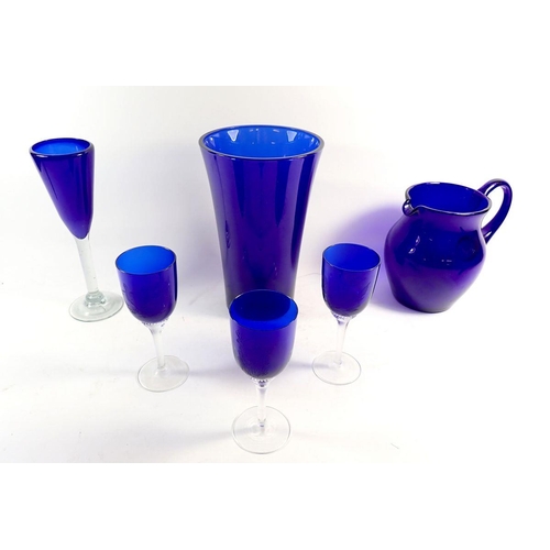 140 - A Bristol Blue large glass vase, jug, cup and three etched glasses