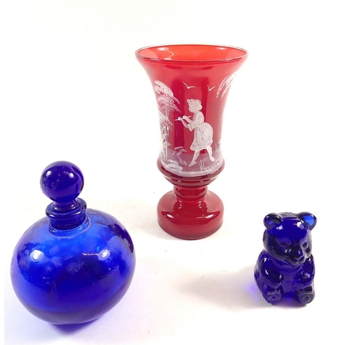 141 - A Mary Gregory glass vase, a cut glass decanter, Bristol Blue toiletry bottle and teddy bear