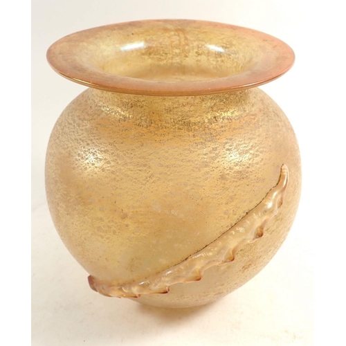 143 - A Venetian amber glass spherical vase with applied detail, 16cm tall