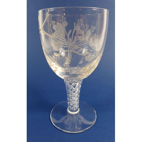 146 - A large glass wine goblet engraved honeysuckle on air twist stem, two cut glass salts with silver ri... 