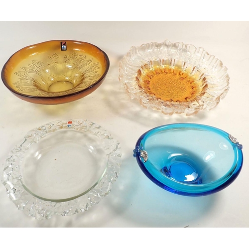 155 - Three 1970's glass bowls by Humppila, Finland,  together with a blue glass bowl with white metal lea... 