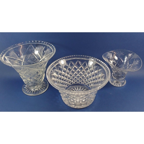 157 - Two cut glass vintage vases and a cut glass fruit bowl