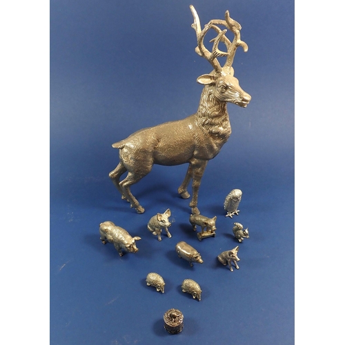 165 - A silver-plated stag, 30cm, and various miniature silver-plated animals