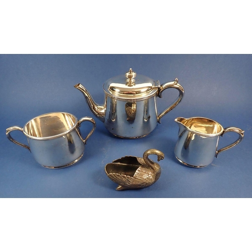 169 - An Elkingtons silver-plated three-piece teaset and a silver-plated swan