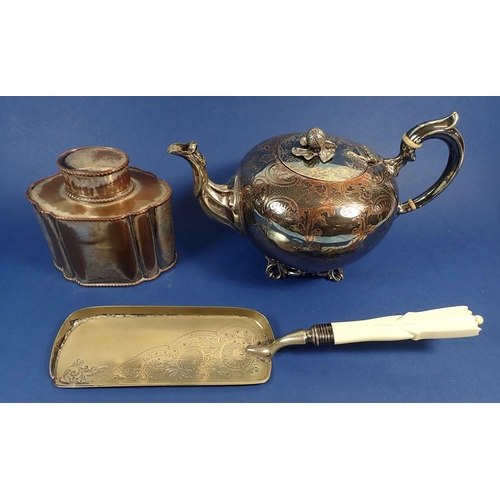 172 - A silver-plated tea caddy, teapot and crumb scoop