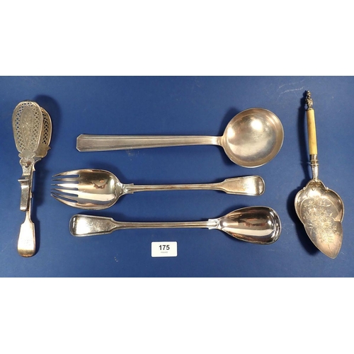 175 - Various silver-plated serving items including an Art Deco soup ladle, sprung serving tongs and salad... 