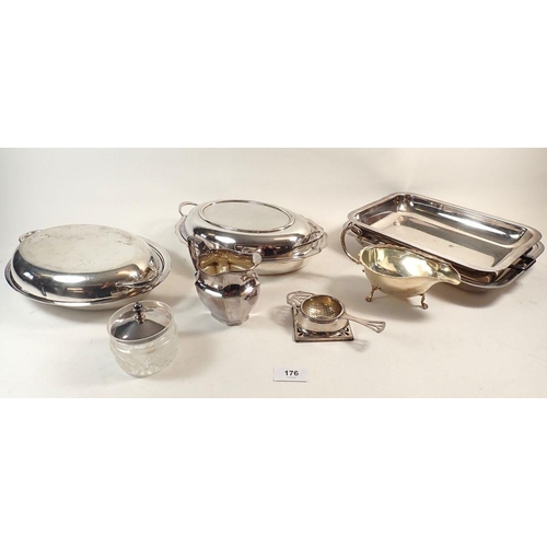 176 - A group of silver-plated items including two entree dishes