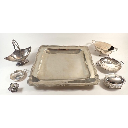 177 - A large square white metal dish and silver-plated items, including a spoon warmer and Victorian bask... 