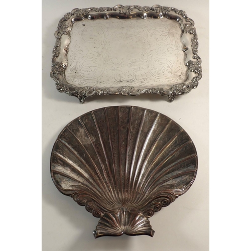 182 - A 19th century silver-plated tray with engraved decoration and silver-plated shell form tray 27 x 28... 