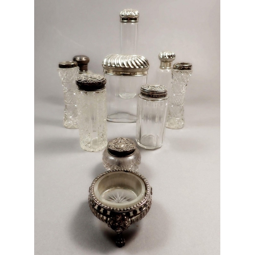 194 - A pair of Edwardian cut glass and silver rimmed posy vases, two cut glass and silver-topped vanity j... 