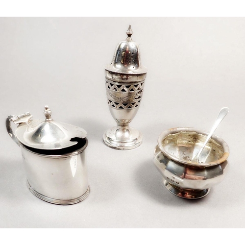 195 - A silver mustard pot, salt and pepper, various dates