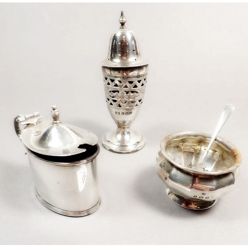 195 - A silver mustard pot, salt and pepper, various dates