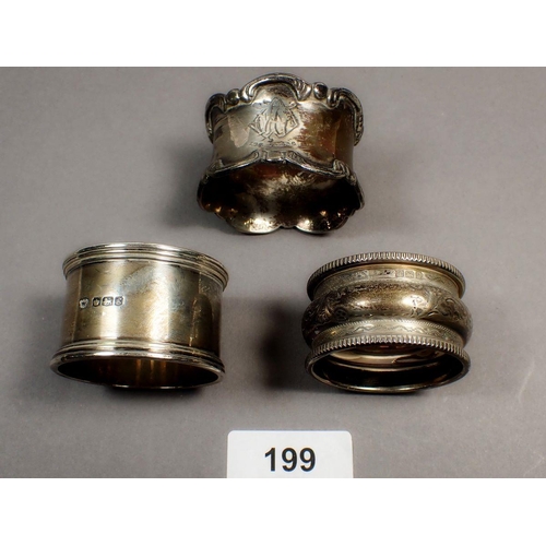 199 - Three various silver napkin rings, 89g