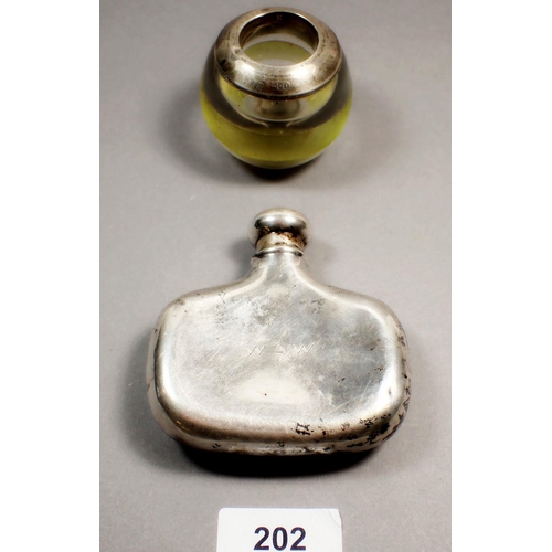 202 - A silver and glass match holder, London 1899 and a small silver spirit flask, Birmingham 1918, 87g