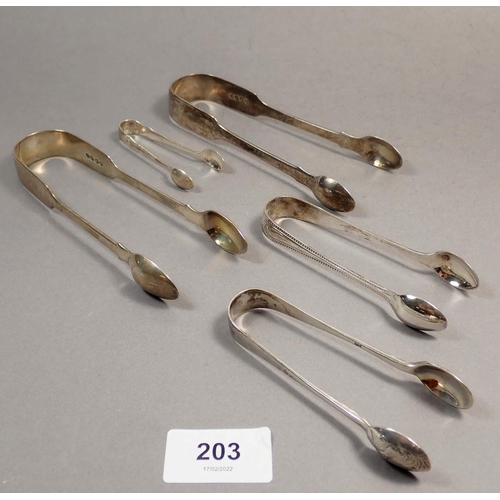 203 - Five various pairs of sugar tongs, 159g