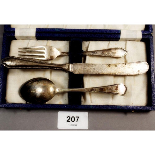 207 - A silver child's knife and fork with matched silver-plated spoon